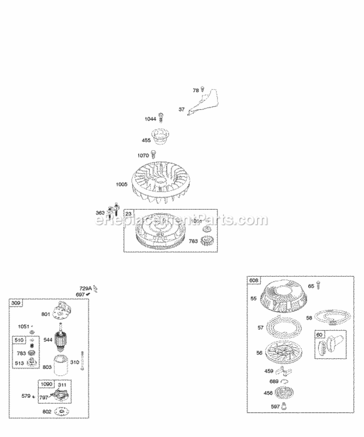 Electric Starter Flywheel Rewind Starter Diagram and Parts List for 210807-0110-E1  Briggs and Stratton Engine